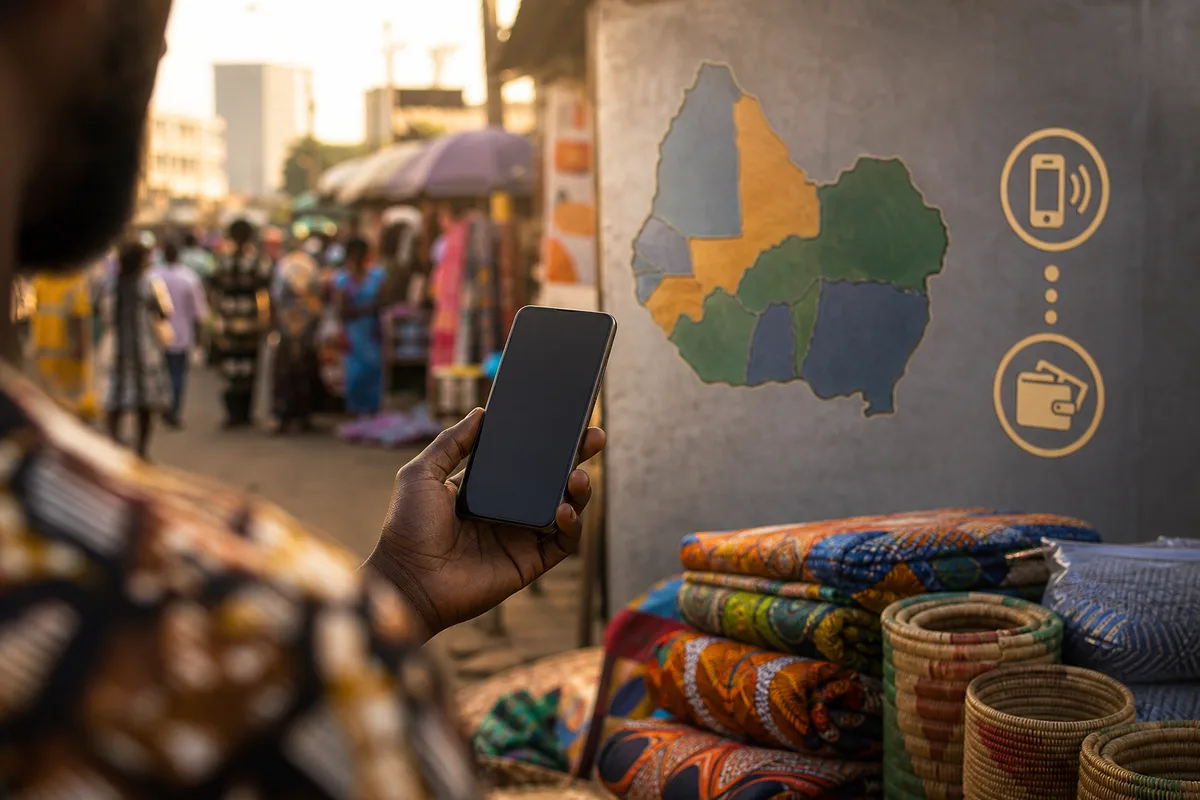 Carte stylisée des pays de l’union monétaire ouest-africaine avec pictogrammes de paiement mobile