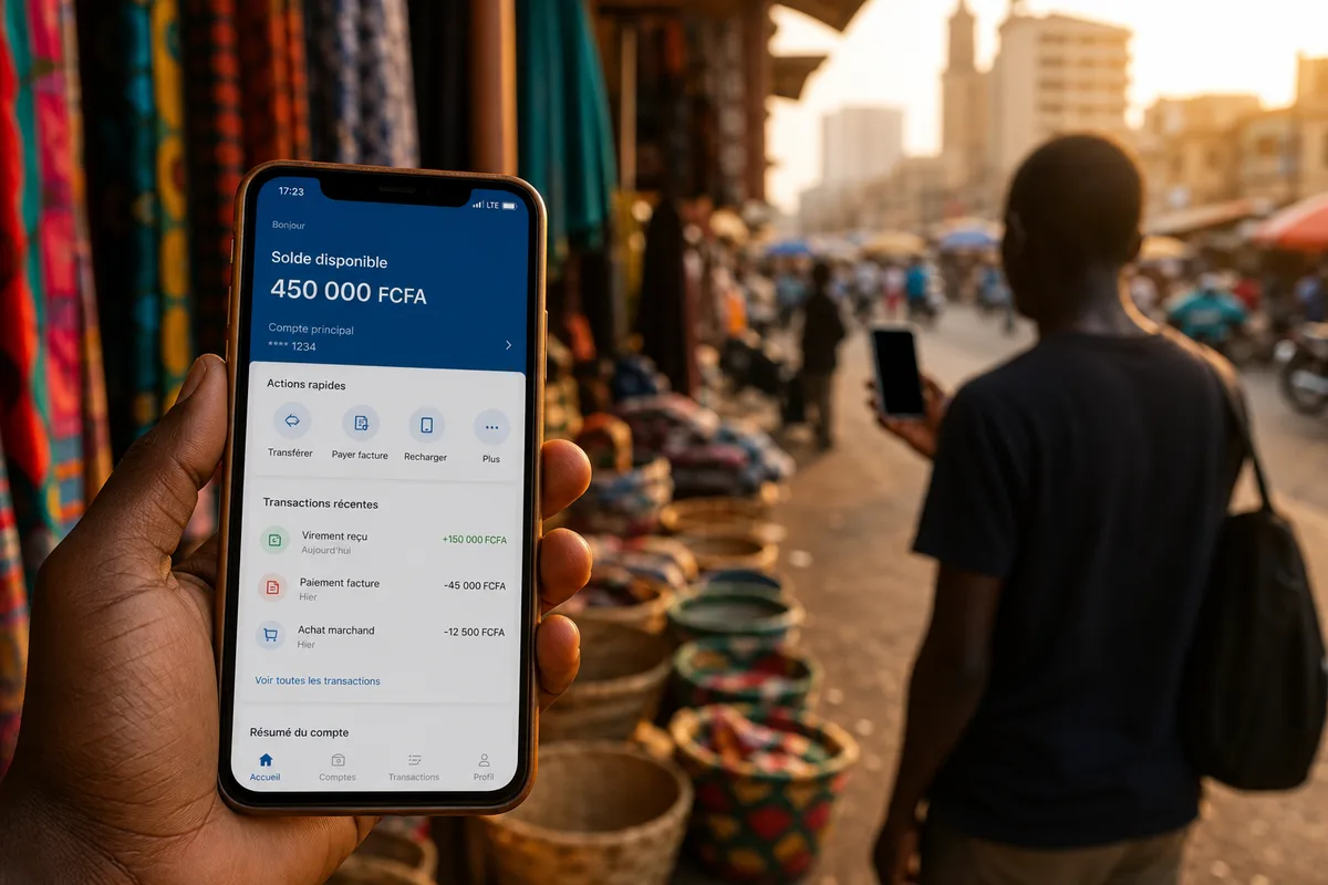 Écran de smartphone affichant un tableau de bord bancaire mobile en français