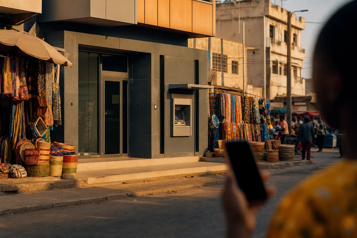 Façade d’une agence bancaire et distributeur automatique dans une ville d’Afrique de l’Ouest