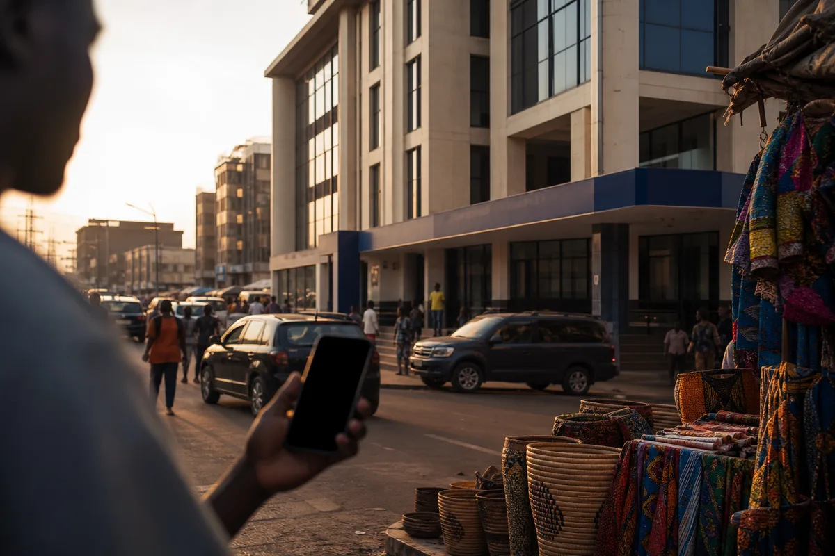 Immeuble de bureaux et enseigne bancaire dans une avenue commerçante camerounaise