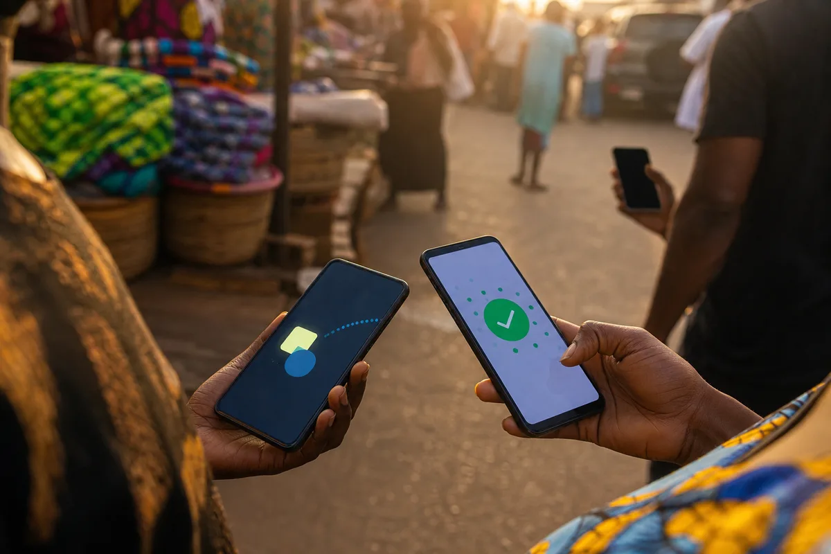 Deux téléphones échangeant un paiement entre réseaux différents avec confirmation à l’écran